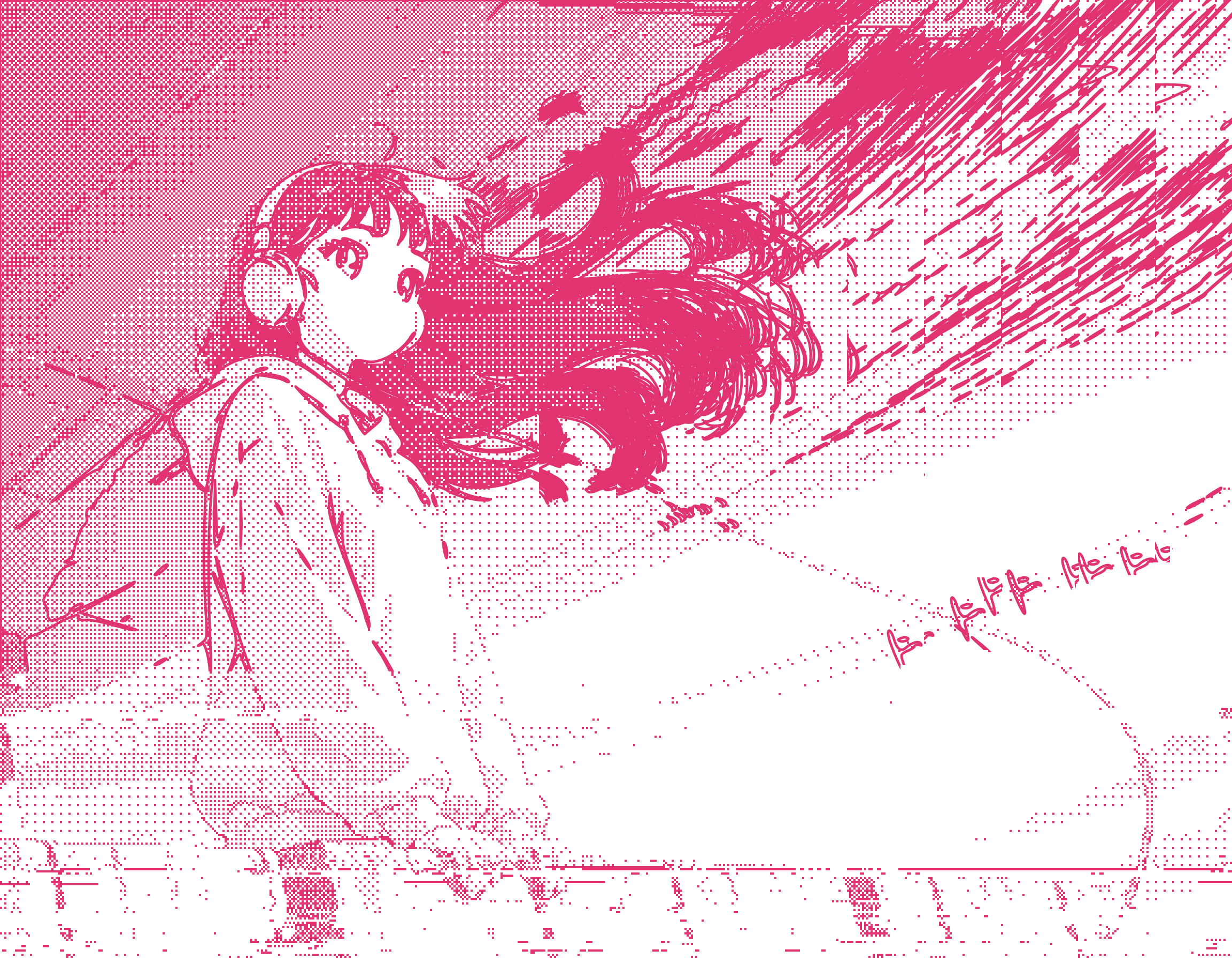 A pink dithered anime woman with long hair blowing in the wind, a huge satellite dish and concrete behind her, cables across the sky, the edges dissolving into echoing Bézier curves and the bottom torn by glitched compression; a different one on every visit
